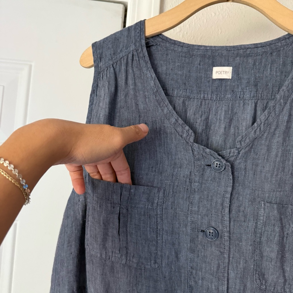 POETRY blue denim linen chambray tie button‎ up cropped tank blouse shirt top - Picture 5 of 8